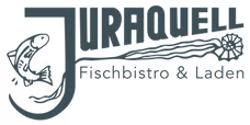 Logo der Forellenzucht Juraquell – Fischbistro & Laden in Wellheim (weiße Ausführung für dunkle Hintergründe).